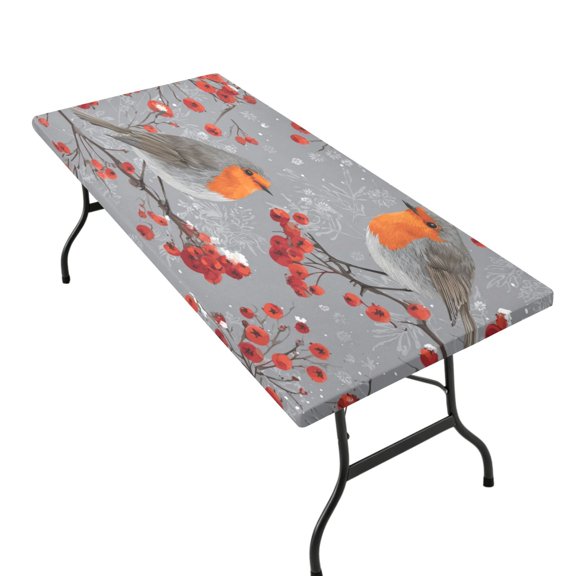 Stretchable Rectangular Tablecloth for 2.5ft x 6ft Folding Table Machine Washable Table Cover for Party Picnic Red Berries and Robin Birds