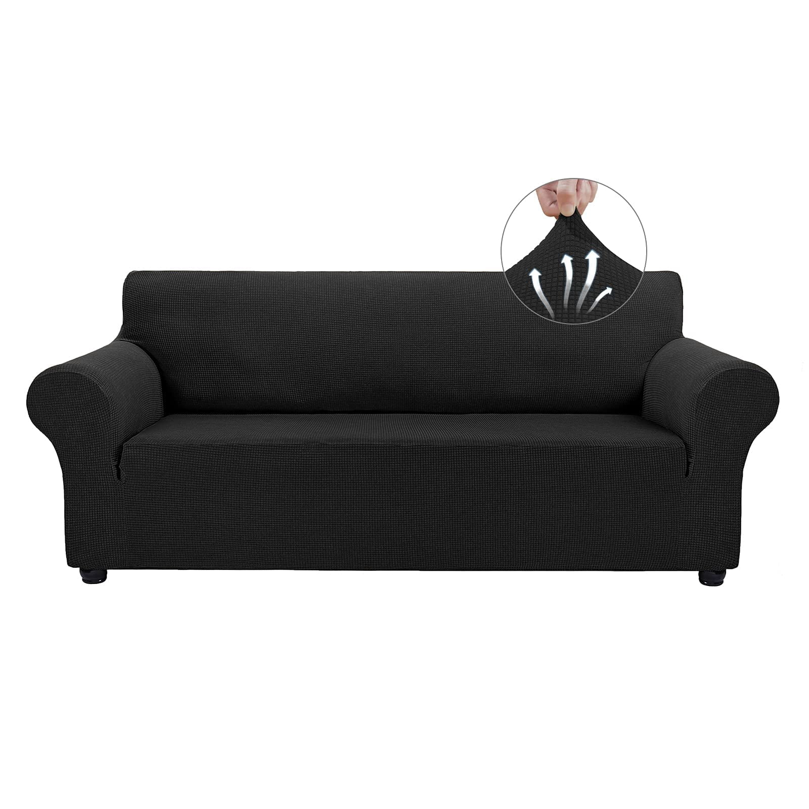 Stretchable Sofa Cover for 3 Seat Couch, Jacquard Fabric Pet Friendly Slipcover, Washable Anti-Wrinkle Protector, Fits 62"-80" Seat Area, Black