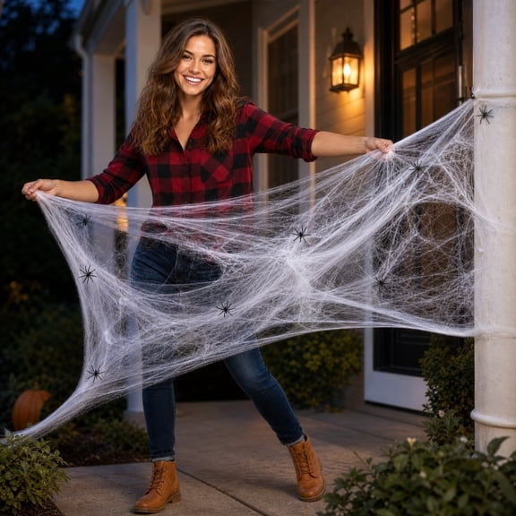 Stretchable Spider Web Set, Cotton Cobweb Props, Realistic Elastic Silk for House Decor, Giant Spider Web for Yard & Porch, Halloween Party Essential​, B