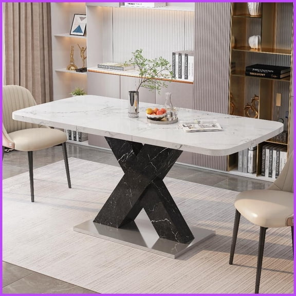 Stretchable White Marble MDF Dining Table with Black X-Leg, Modern & Easy to Clean for Dining Room