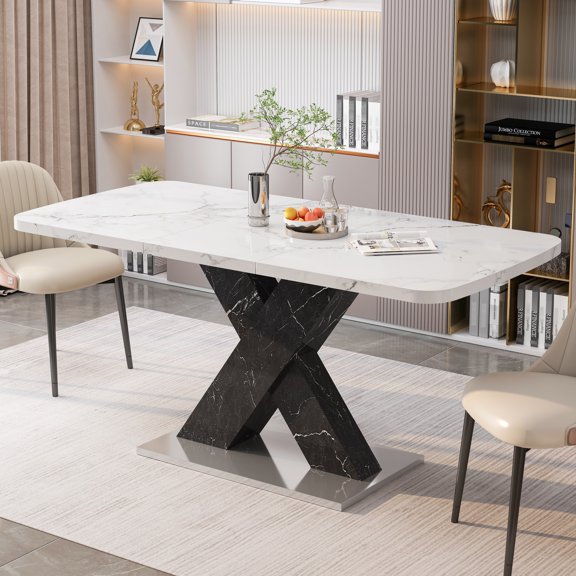 Stretchable White Marble Printed Dining Table - Modern Square Design With Black Leg And Metal Base, Easy Assembly & Maintenance Stretchable, 47.24"-61.76" Extendable