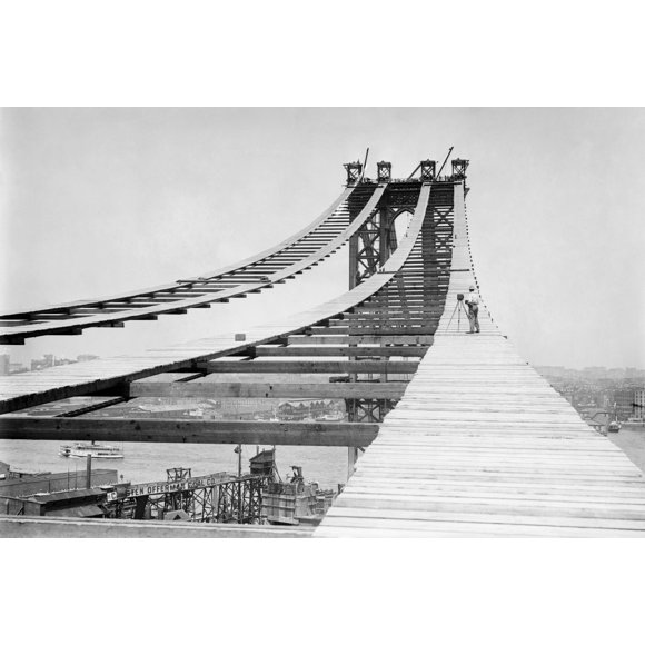 Stretched Canvas Art - Nyc: Manhattan Bridge, 1908. /Na Photographer On The Temporary Foot Path Atop The Manhattan Bridge In New York City. Photograph, 1908. - Large 24 x 36 inch Wall Art Decor Size.