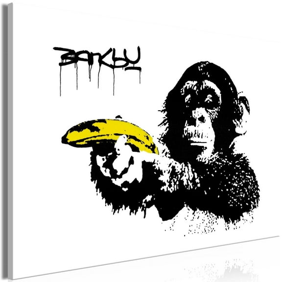 Stretched Canvas Street Art - Banksy: Monkey With Banana Wide