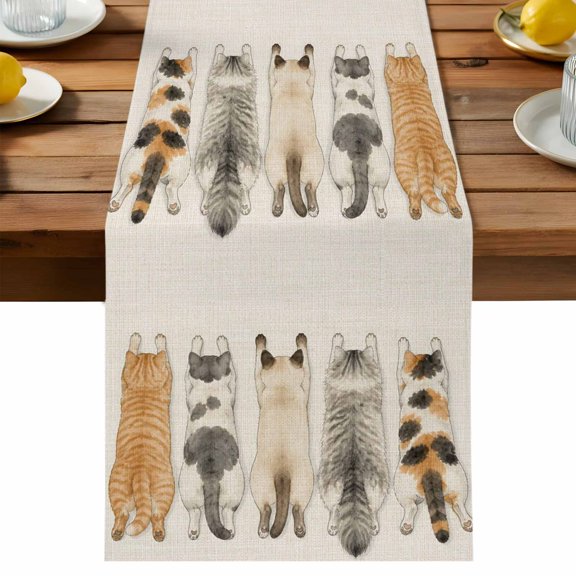 Stretched Cats Table Runner, Orange Tabby Cat Bicolored Cat Linen Texture Washable Kitchen Table Runners Dress Scarves for Dining Table Decorations Party/Restaurant/Indoor Outdoor Use, 13x36in
