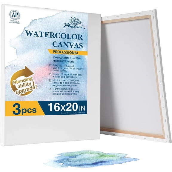 Stretched Watercolor Canvas 16x20 Inch 3 Pack 100% Cotton 8 Oz Medium Texture Framed
