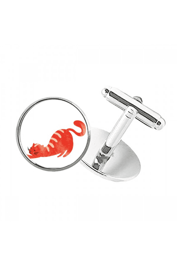 Stretching Fat Cat Animal Watercolor Round Button Cuff Clip Stud Cufflinks