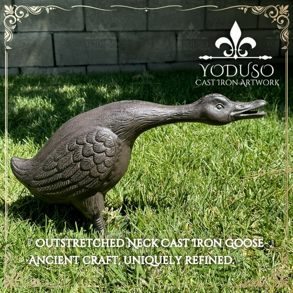Stretching Necked Cast Iron Goose Statue - Rural/Pastoral Style Garden/Backyard Decor. Weather-Resistant, Pairs with Duck Statues, Outdoor Ornament