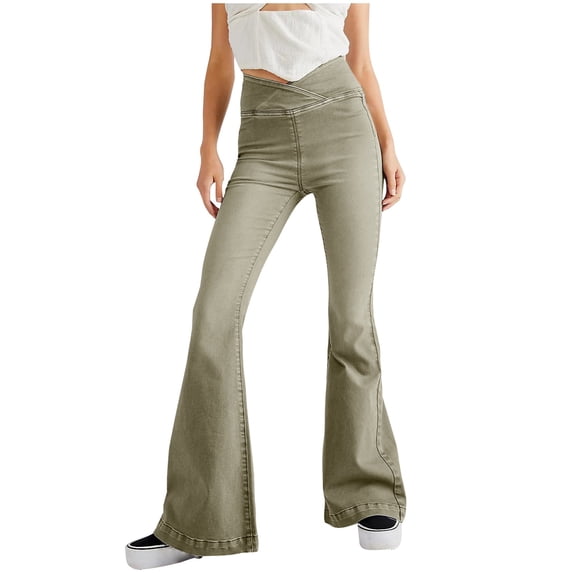 Stretchy Bell Bottom Jeans Crossover High Waist Flared Solid Color Denim Pants for Women Casual Fall Fashion 2025 (Medium, Army Green)