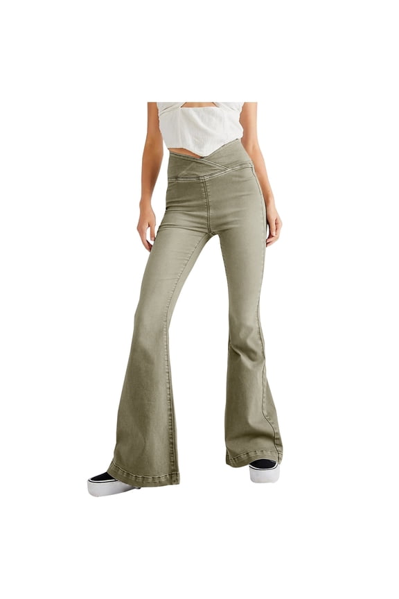 Stretchy Bell Bottom Jeans Crossover High Waist Flared Solid Color Denim Pants for Women Casual Fall Fashion 2025 (Medium, Army Green)
