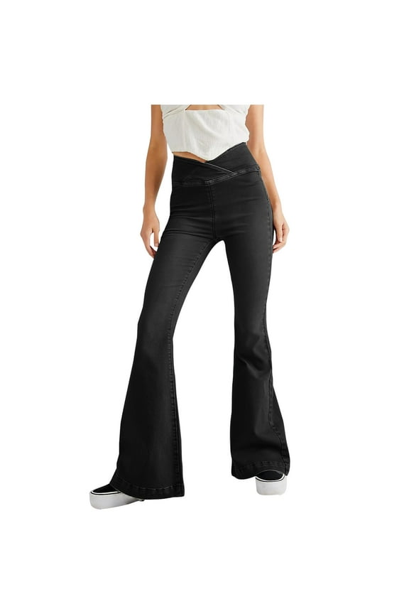 Stretchy Bell Bottom Jeans Crossover High Waist Flared Solid Color Denim Pants for Women Casual Fall Fashion 2025 (Medium, Black)