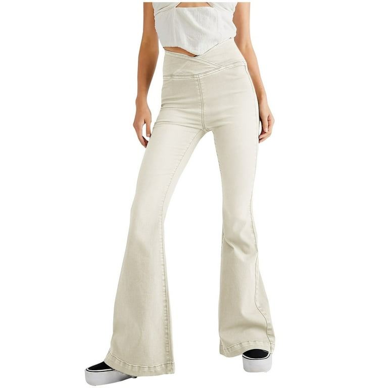 Stretchy Bell Bottom Jeans Crossover High Waist Flared Solid Color Denim Pants for Women Casual Fall Fashion 2024 Small White