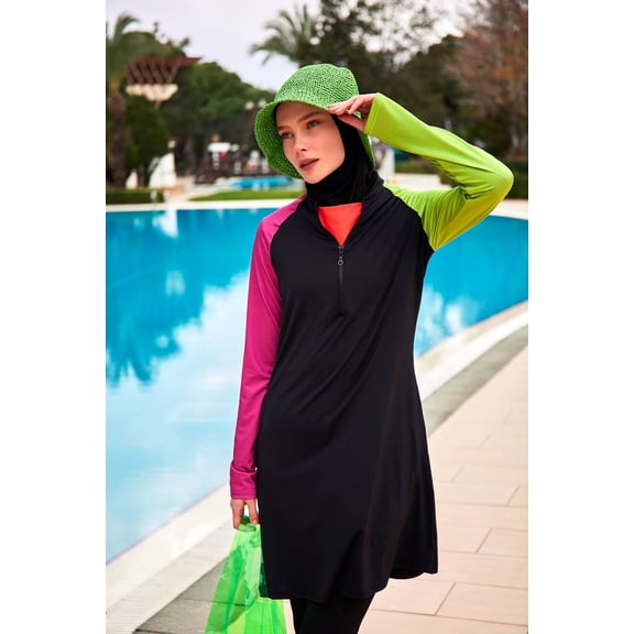 Stretchy Black Full-Coverage Modest Swimsuit M2476