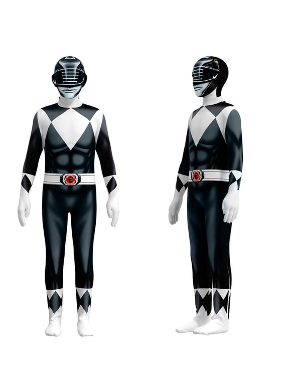 Stretchy Boys Dino Ranger Bodysuit with Diamond Pattern & Belt Detail, Flexible Cosplay Jumpsuit for Comic Con & Party Events, Black, 150