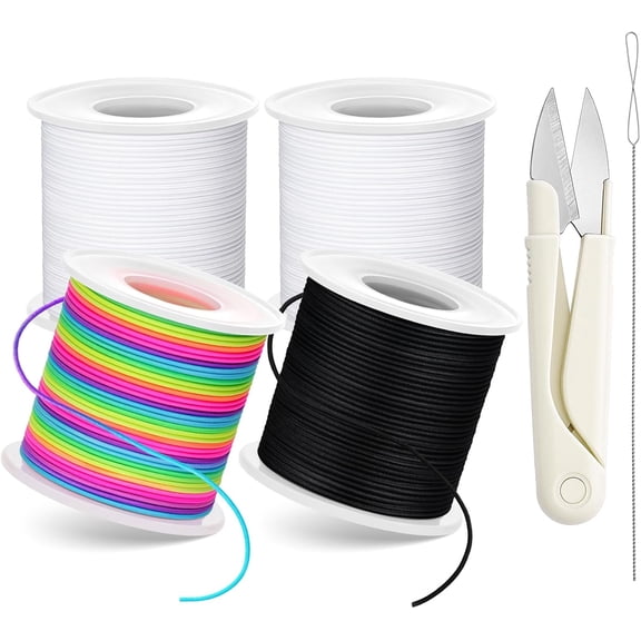Stretchy Bracelet String Kit with Scissors & Beading Needle, 4 Rolls Elastic String for DIY Crafts, 1mm Stretchy Cord for Jewelry Making Sewing Necklace Beading, 660FT, (Black, White, Rainbow)