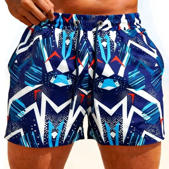 GINGTTO Men's Lightweight Board Shorts - Bold Blue Geometric Print Swim Trunks for Pool & Beach