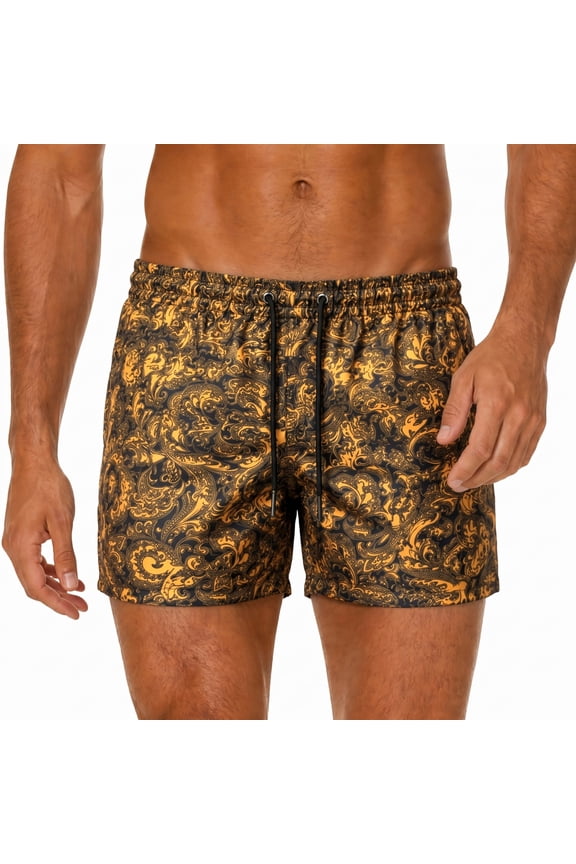 Men's Vintage Golden Paisley Print Quick Dry Swim Trunks Elastic Drawstring Beach Board Shorts with Side Pockets Bathing Suit
