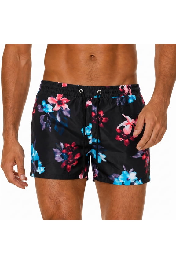 Men's Tropical Hibiscus Floral Print Quick Dry Swim Trunks Elastic Drawstring Beach Board Shorts with Side Pockets Bathing Suit