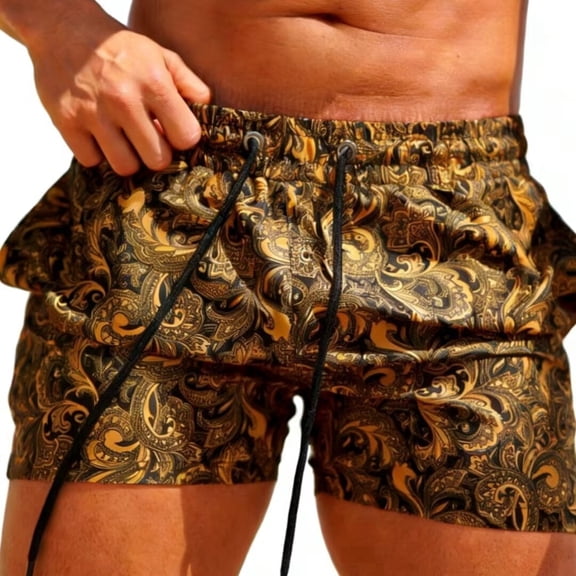 GINGTTO Men's Lightweight Board Shorts - Gold Baroque Print Beach Shorts for Summer Vacation