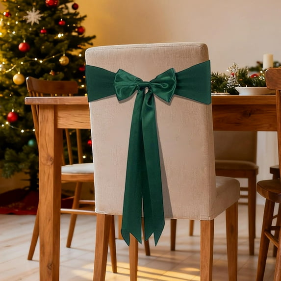 Stretchy Christmas Bow Chair Cover Decor, Elastic Band Tie-On Decoration for Dining Chair Back Holiday Party Decor(Green)