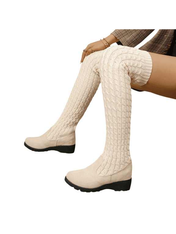 Stretchy Comfort Sock Boots for Women, Warm Cable Knit Pull On Round Toe Low Wedge Heel Thigh High Boots with Non Slip Sole, Over Knee Sweater Style Fall Winter Casual Boot