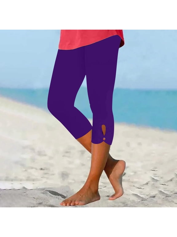 Stretchy Compression Capri Yoga Pants High Waist Hollow Out Design Seamless Comfortable Workout Leggings Dark Purple M