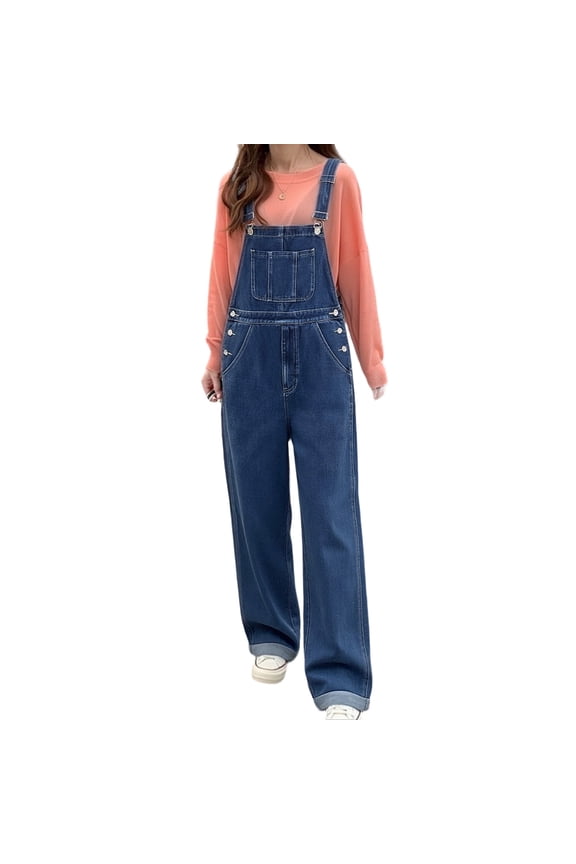 Stretchy Denim Overalls for Women, Womens Jean Bib Overall with Loose Fit, Ladies Straight Relaxed Overalls for Work,Blue,XXXXL