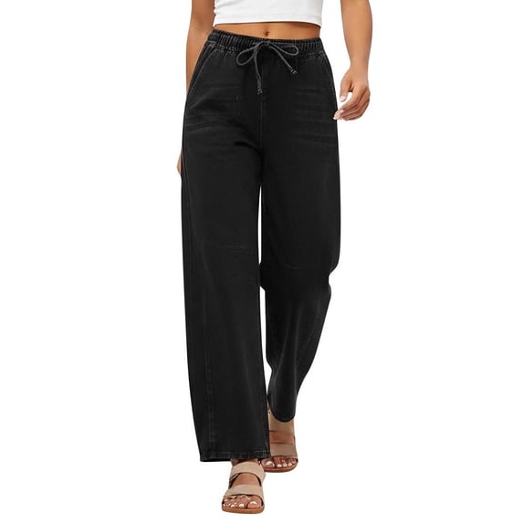 Stretchy Drawstring Jeans Women High Waisted Barrel Jeans Loose Wide Leg Drawstring Denim Pants with Pockets Casual Washed Straight Leg Denim Pants