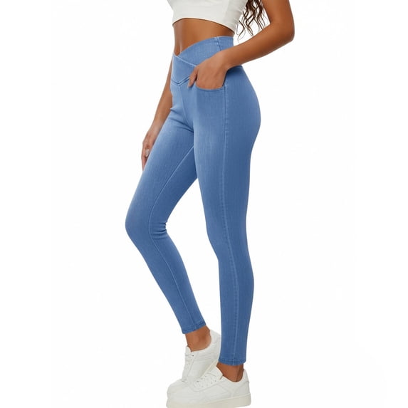 Stretchy Elastic Waist Faux Denim for Women Fashion Solid Color Elastic Waist Pockets Length Pants False Jeans Women's Breathable Comfortable Everyday Trousers