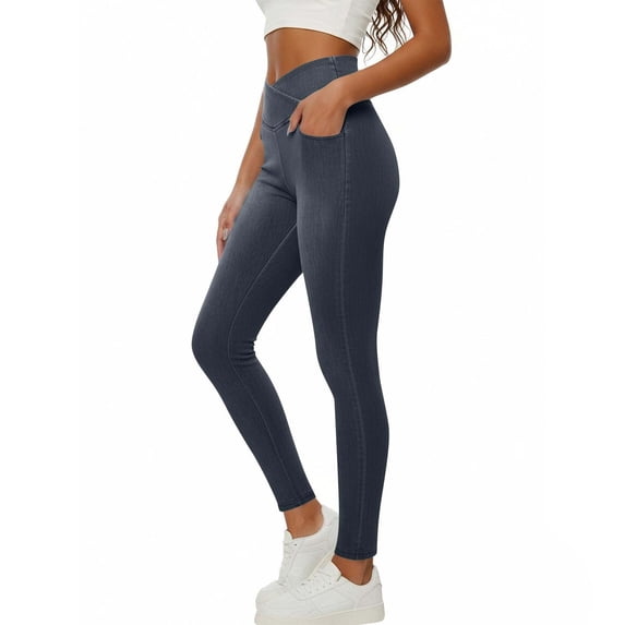 Stretchy Elastic Waist Faux Denim for Women Fashion Solid Color Elastic Waist Pockets Length Pants False Jeans Women's Breathable Comfortable Everyday Trousers