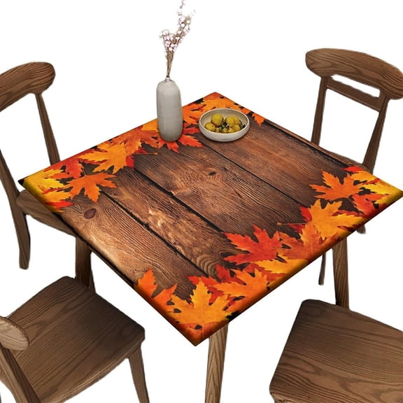 Stretchy Fitted Card Table Cover, Wood and Leaves Pattern Printed on Wrinkle Resistant Polyester Table Cover, Great for Home Kitchen Parties Holiday Dinner, Fit for 36" x 36" Square Table