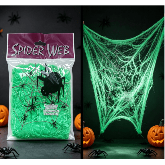 Stretchy Halloween SPIDER Silk, 20G Fake SPIDER Silk with 2 Pcs Plastic SPIDER, Spooky Stretch SPIDER Webbing for Indoor & Outdoor Halloween Party Decorations,Green