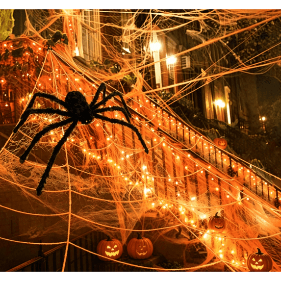 Stretchy Halloween Spider Silk, 20G Fake SPIDER Silk with 2 Pcs Plastic SPIDER, Spooky Stretch SPIDER Webbing for Indoor & Outdoor Halloween Party Decorations,Orange