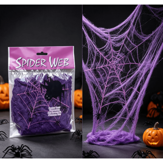 Stretchy Halloween Spider Silk, 20G Fake SPIDER Silk with 2 Pcs Plastic SPIDER, Spooky Stretch SPIDER Webbing for Indoor & Outdoor Halloween Party Decorations,Purple