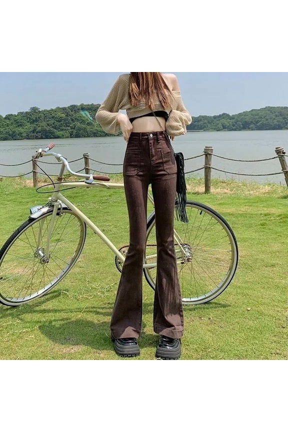 Stretchy High Waist Slimming Design Sense High Street Bell-bottom Pants Tide 1773656642653017