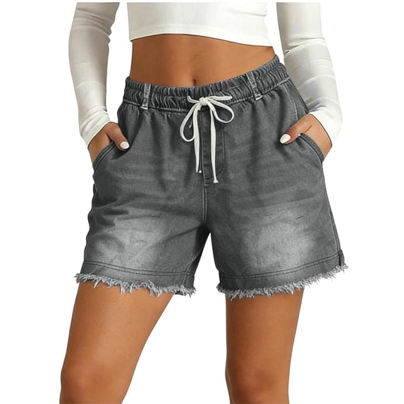 Stretchy Jean Shorts for Women Low Waist Casual Trendy Denim Shorts Drawstring Pull On Elastic Waist Denim Shorts Wide Leg Shorts
