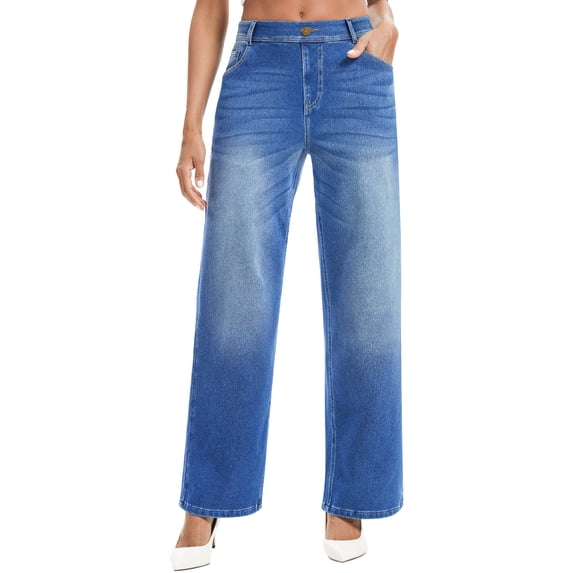Stretchy Jeans Wide Leg Jeans for Women Trendy Pull On High Waist Tummy Control Sweatpant Jean Denim Pants with Pockets