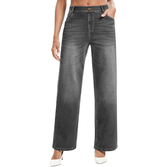 Stretchy Jeans Wide Leg Jeans for Women Trendy Pull On High Waist Tummy Control Sweatpant Jean Denim Pants with Pockets