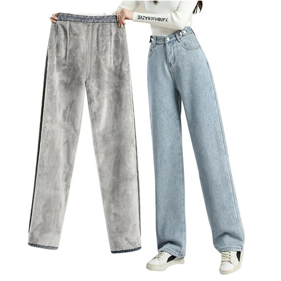 Stretchy Jeans for Women Wide Leg MIUOWANP Women's High Waisted Loose High Waisted Jeans Solid Color Straight Leg Casual Pants With Added Fleece Light Blue XXL