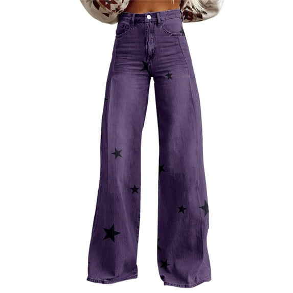 Stretchy Jeans for Women, Audhol Women's Spring Autumn Flower Print Casual Wide Leg Pants Womens Wide Leg Jeans Purple L