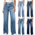 thumbnail image 1 of Stretchy Jeans for Women Drawstring High Waist Denim Pants with Pockets Washed Straight Leg Jeans Pants, 1 of 7