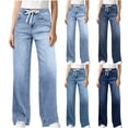 thumbnail image 1 of Stretchy Jeans for Women Drawstring High Waist Denim Pants with Pockets Washed Straight Leg Jeans Pants, 1 of 7