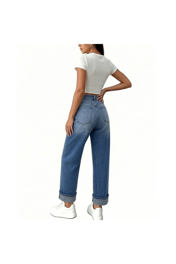 Stretchy Jeans for Women Summer Casual Lounge Rolled Up High Waisted Wide Leg Trousers with Pockets