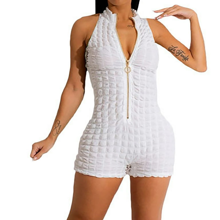 Stretchy Jumpsuits For Women Solid Color Zipper Collar Bubble Cloth Shorts Romper White M Walmart