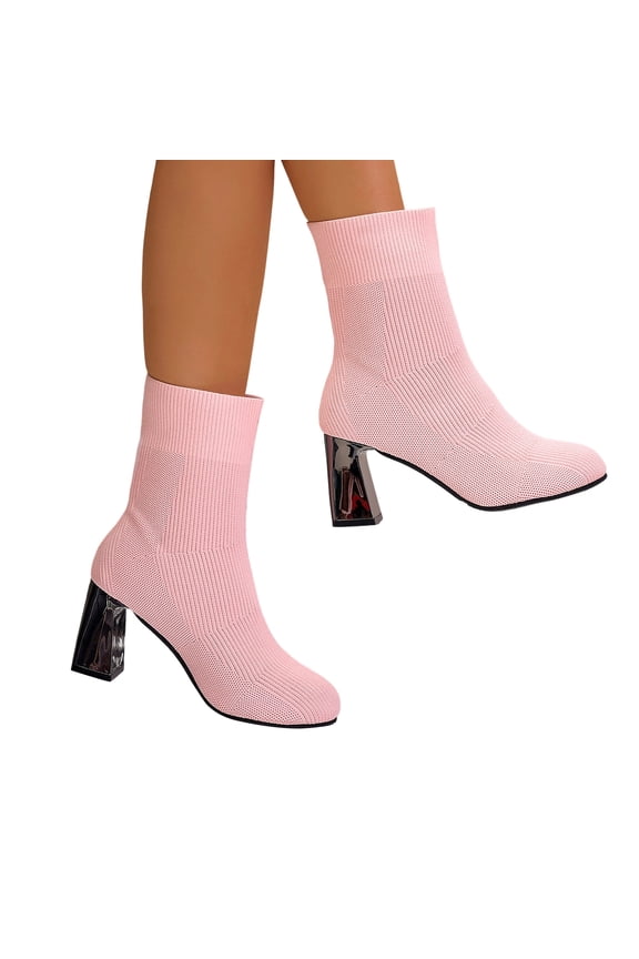 Stretchy Knit Sock Ankle Boots for Women Square Toe Chunky Block Heel Slip On Stretch Mid Calf Booties