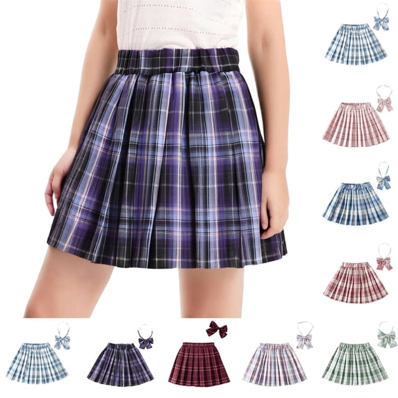 Stretchy Mini Skorts Girls' Plaid Skirt Children's College Style Pleated Skirt School Start Season Short Skirt School Uniform Half Skirt Purple 7 Years