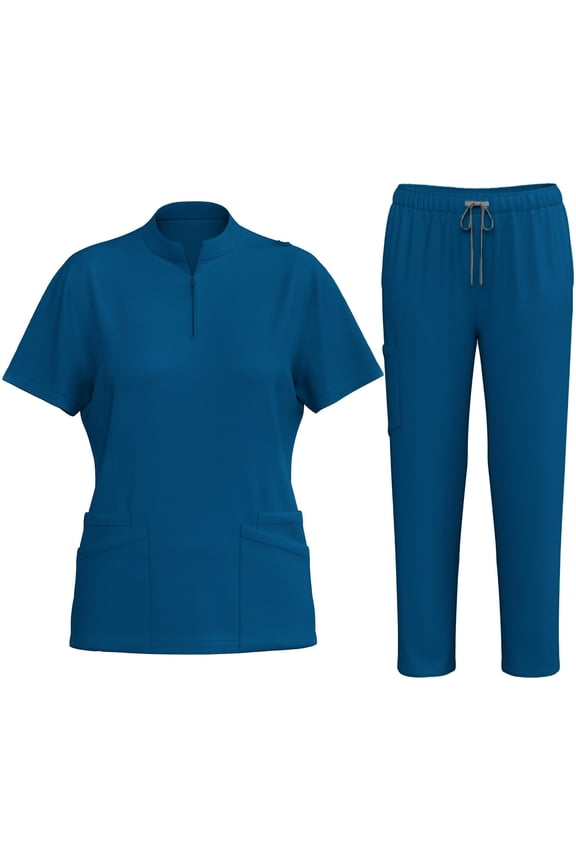 Stretchy Nurse Uniform 2 Piece Sets Woman Fashionable with Zipper Scrub Shirt and Pants Medical Workwear Matching Set