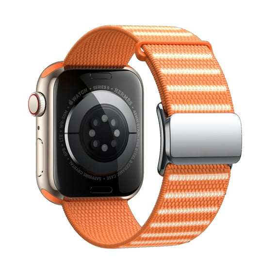 Stretchy Nylon Sport Bands for Apple Watch 42(Series 1/2/3)/44/45/46/49mm Men Women, Security Loop, Reflective Strips, Magnetic Clasp, for iWatch Series 10 Ultra SE 9 8 7 6 5 4 3 2 1, Orange
