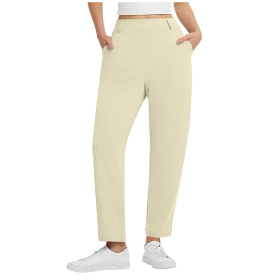 Stretchy Pants for Women Casual Elastic Waist Solid Color Trouser Baggy Travel Pant with Pockets Beige 2XL