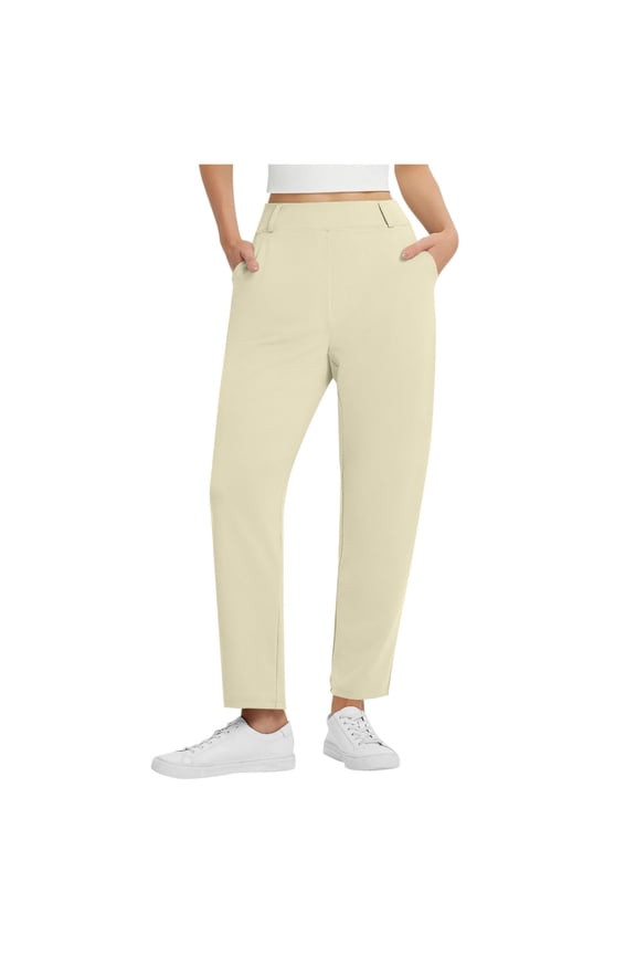 Stretchy Pants for Women Casual Elastic Waist Solid Color Trouser Baggy Travel Pant with Pockets Beige 2XL