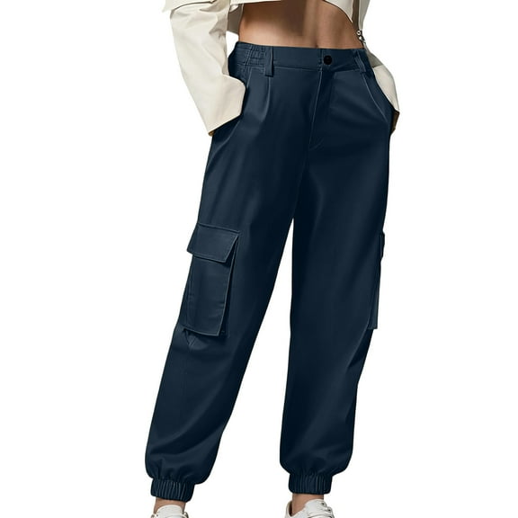 Stretchy Pants for Women Oversize Women'S Solid-Color Casual Straight-Button Pocket Work Pants Dark Blue XXXXL